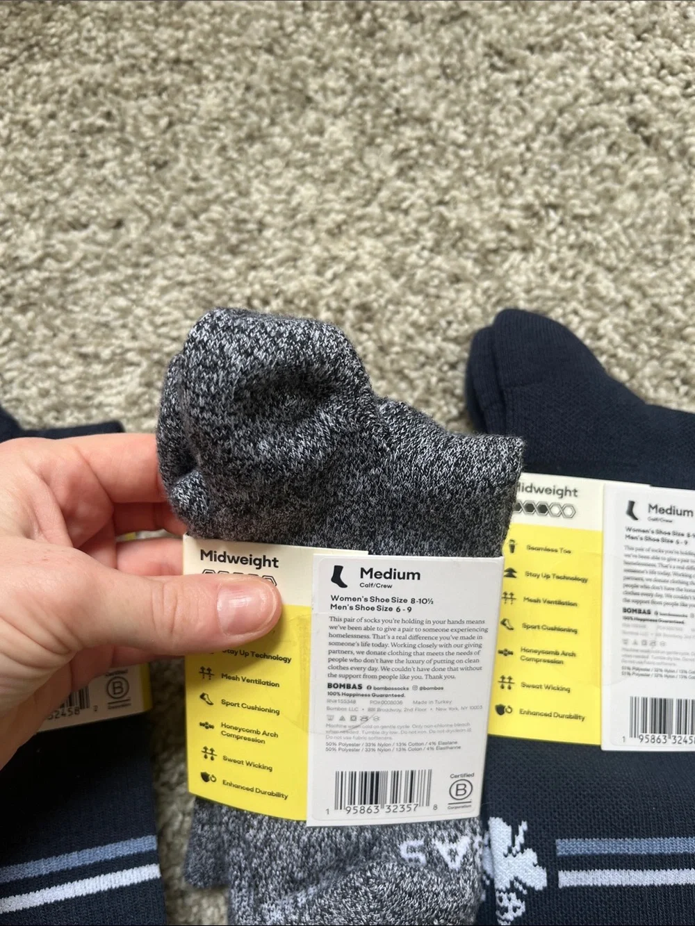 Bombas Men's Athletic Crew Socks in Black and Heather Gray (3-Pack) - Medium